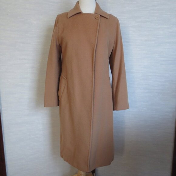 Wool and Cashmere Camel Beige Tan Long Tie Waist Elegant Coat S Small - Picture 11 of 11